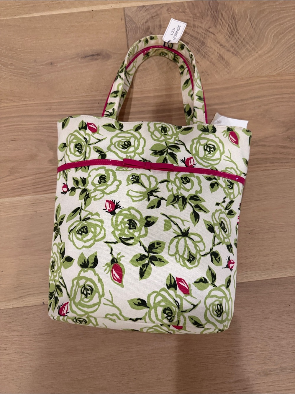 NWT Lulu Guinness White Canvas Pocketbook with Green Floral Print and Pink Trim